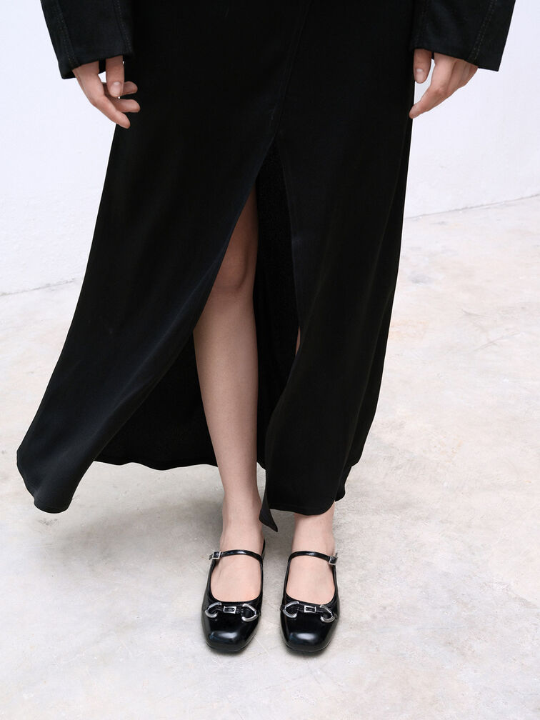 Metallic-Accent Flat Mules, Black Boxed, hi-res