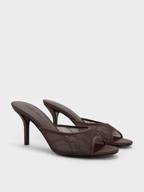 ميولز من الدانتيل بكعب ستيليتو, بني محبّب غامق, hi-res