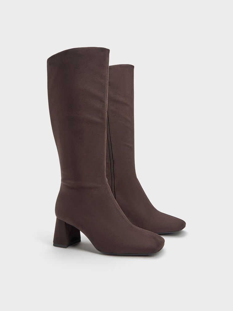 Faux Suede Square-Toe Knee-High Boots, Dark Brown Textured, hi-res