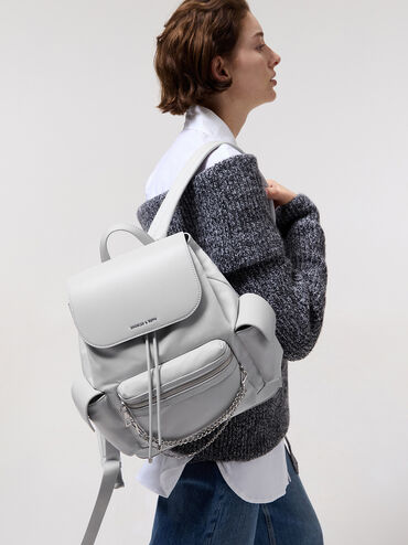 Nylon Puffy Chain-Link Backpack, Light Grey, hi-res