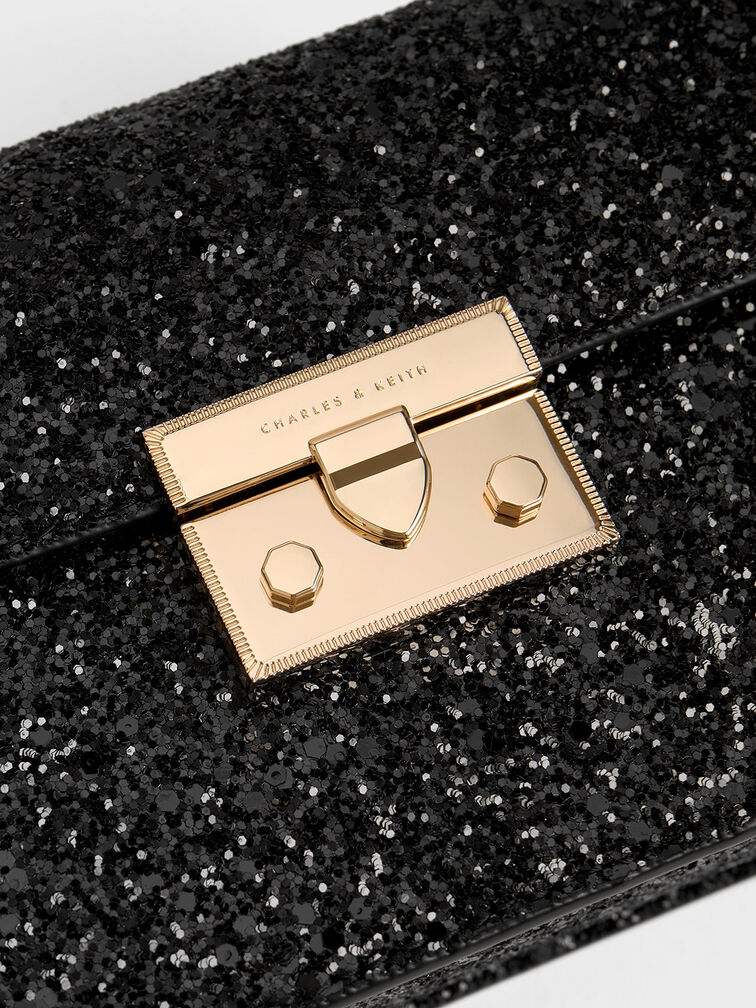 Alva Glittered Chain-Handle Bag, Black, hi-res