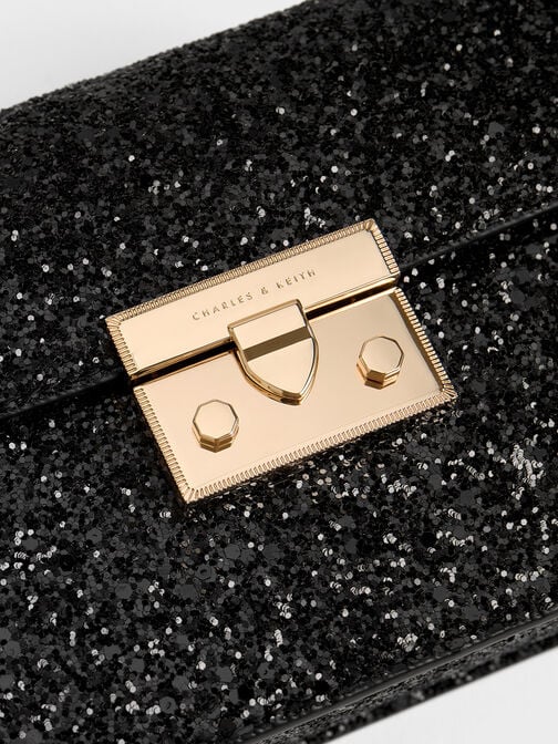 حقيبة ألفا بمقبض على شكل سلسلة وتصميم براق, أسود, hi-res