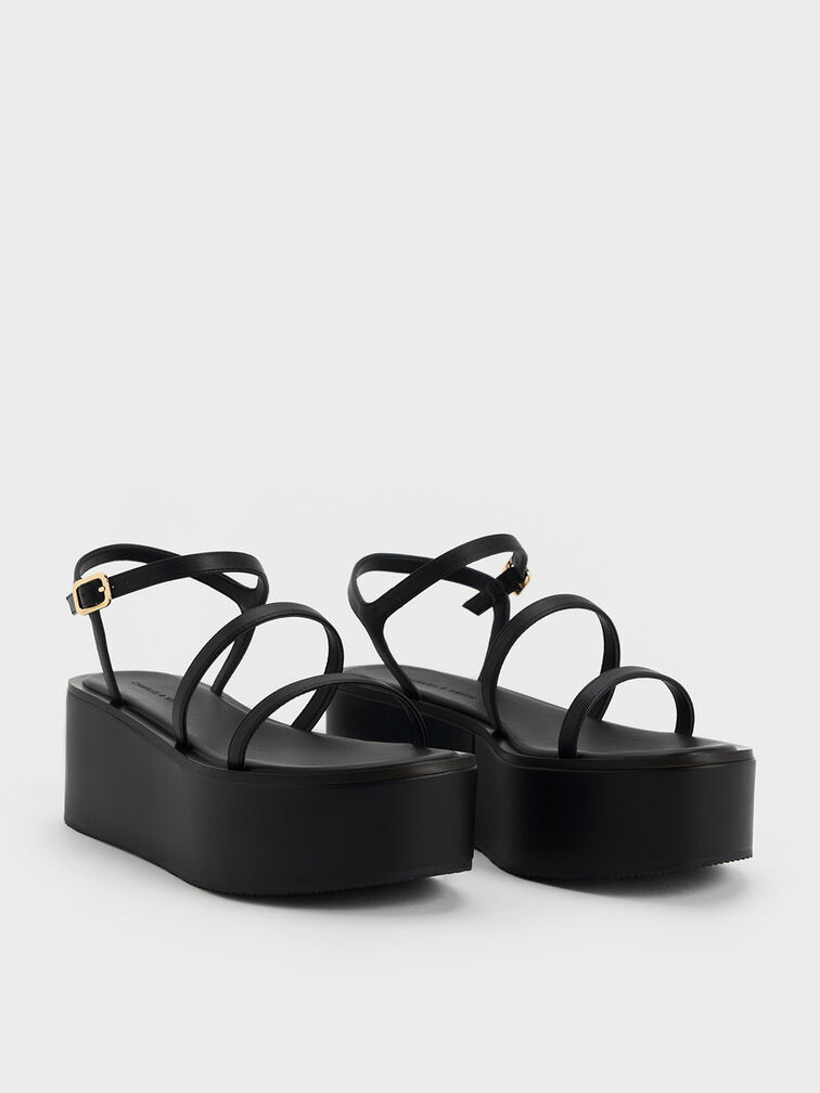 Strappy Flatform Wedge Sandals, Black, hi-res