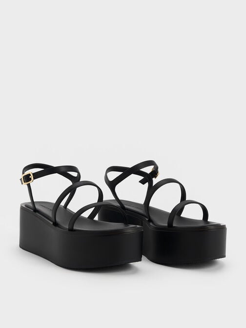 Strappy Flatform Wedge Sandals, Black, hi-res