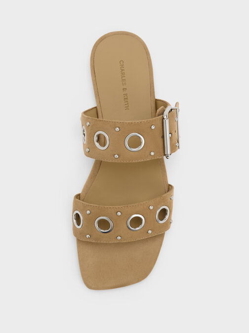 Faux Suede Grommet Buckled Slides, Sand, hi-res