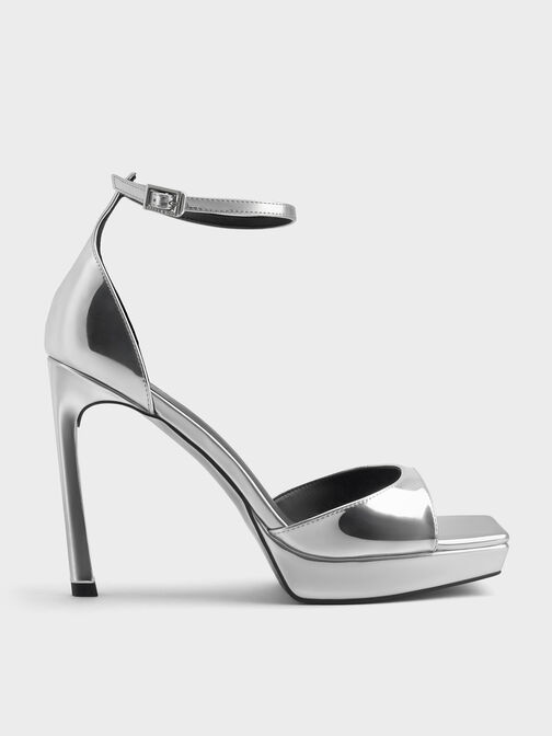 Metallic Platform Heeled Sandals, Silver, hi-res