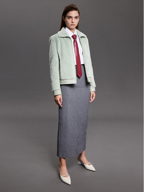 حذاء ميول أبيض بمقدمة مدببة وكعب منحوت بتأثير مجعد, أبيض, hi-res