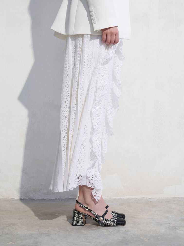 حذاء إيرين بكعب عالٍ وتصميم سلينجباك مفتوح الظهر من قماش تويد مزين باللؤلؤ, أسود خشن, hi-res