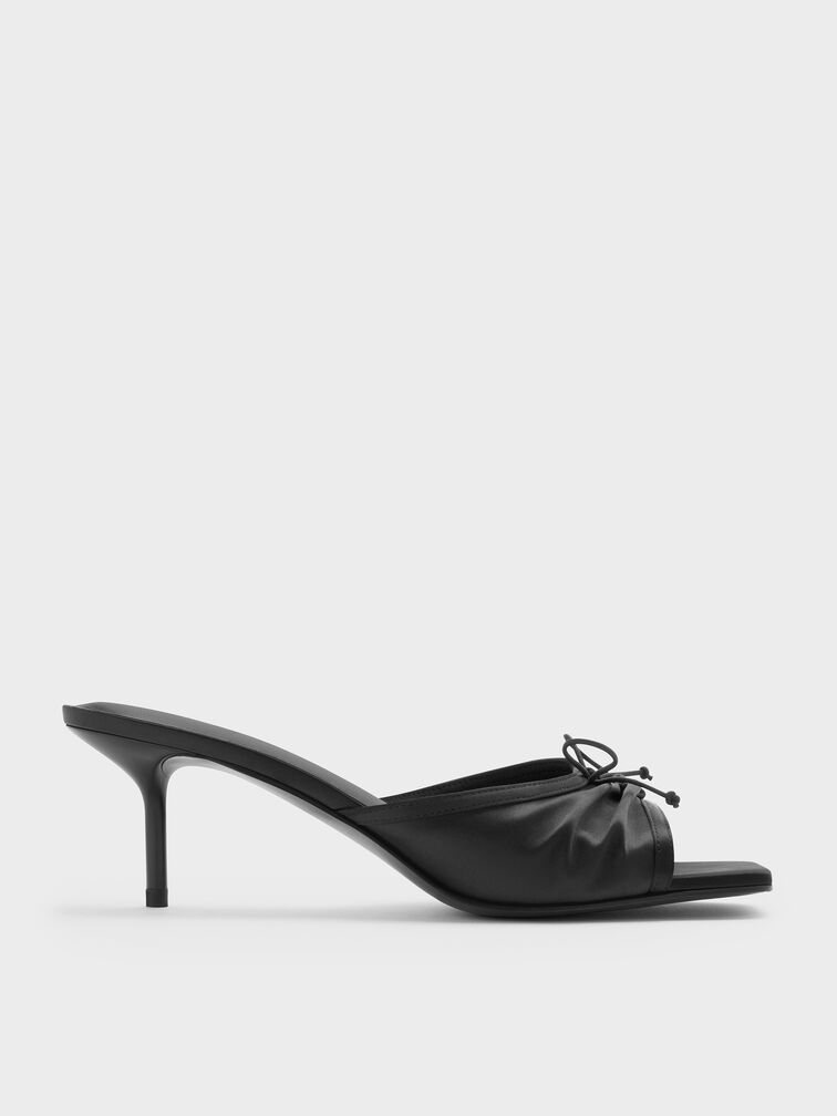 Sadira Satin Ruched Bow Heeled Mules, Black Textured, hi-res