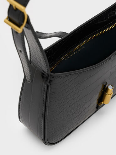 Cesia Croc-Effect Metallic-Accent Shoulder Bag, Black, hi-res