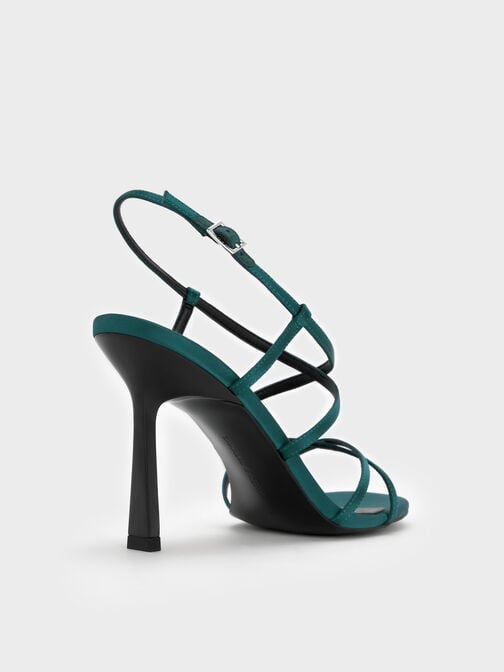 Recycled Polyester Strappy Crossover Trapeze-Heel Sandals, Teal, hi-res