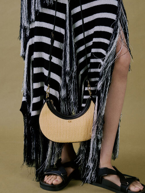 حقيبة هوبو بتصميم هلالي من الجلد والرافيا, بيج رافيا أنيق, hi-res