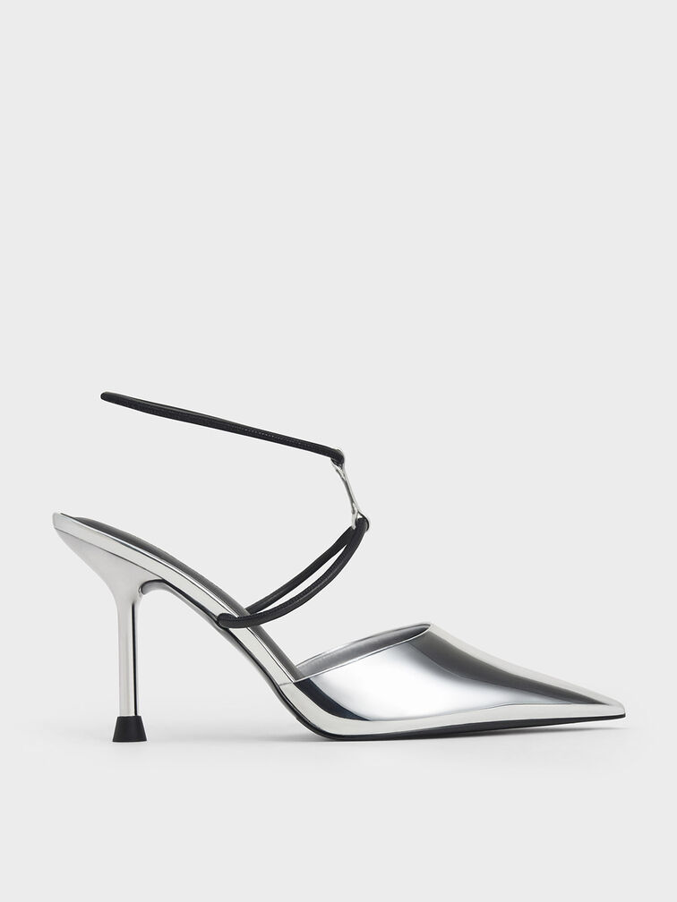 حذاء ميتاليك بكعب مدبب وشريط حرف T, فضي, hi-res