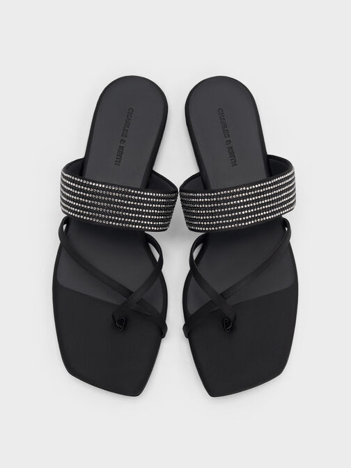Satin Crystal-Embellished Crossover Toe-Ring Sandals, Black Textured, hi-res