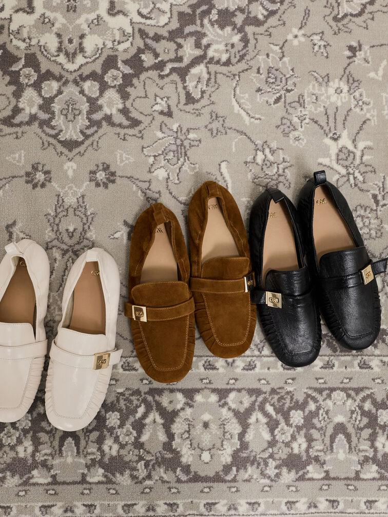 Cody Leather Metallic-Buckle Ruched Loafers, Black, hi-res