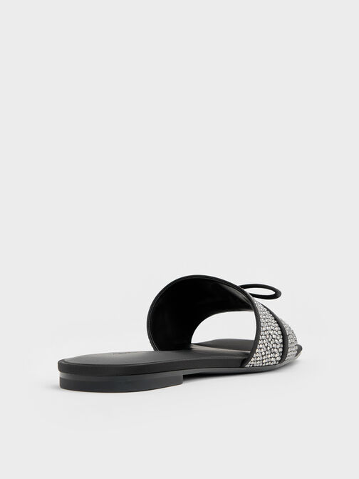 Satin Crystal-Embellished Bow Slide Sandals, Black Textured, hi-res
