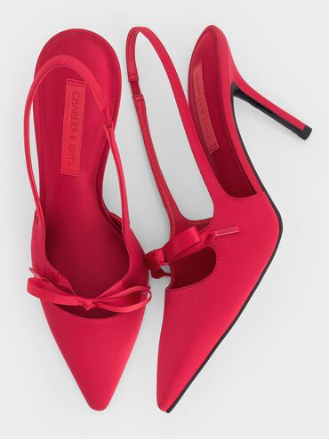 Satin Bow Pointed-Toe Slingback Pumps, Red, hi-res