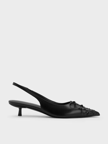 Ruched Bow Slingback Kitten Heels, Black, hi-res