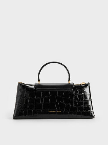 Lilibet Croc-Effect Elongated Top Handle Bag, Black, hi-res