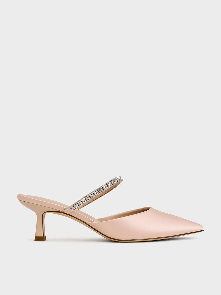 Ambrosia Satin Gem-Embellished Pointed-Toe Mules, Light Pink, hi-res