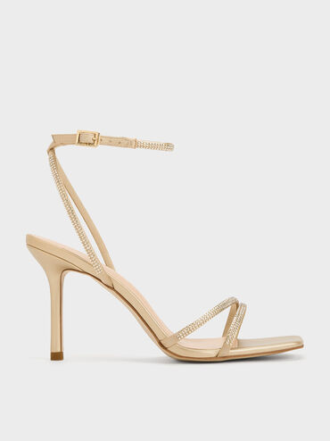 Satin Crystal-Embellished Stiletto-Heel Sandals, Gold, hi-res