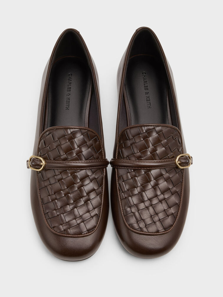 Woven Buckle-Strap Loafers, Dark Brown, hi-res