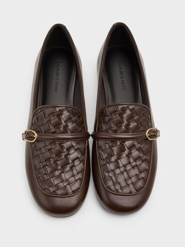 Woven Buckle-Strap Loafers, Dark Brown, hi-res