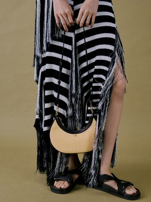 حقيبة هوبو بتصميم هلالي من الجلد والرافيا, بيج رافيا أنيق, hi-res