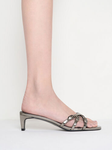 Metallic Buckled Strappy Kitten-Heel Mules, Pewter, hi-res
