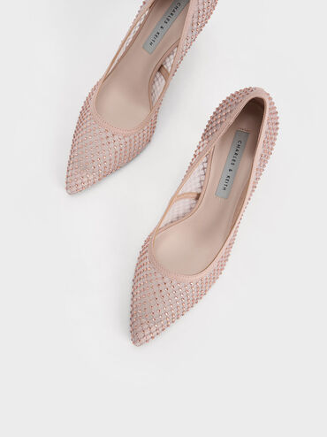 حذاء بامب بتصميم شبكي مرصع بالأحجار, لون البشرة الطبيعي, hi-res