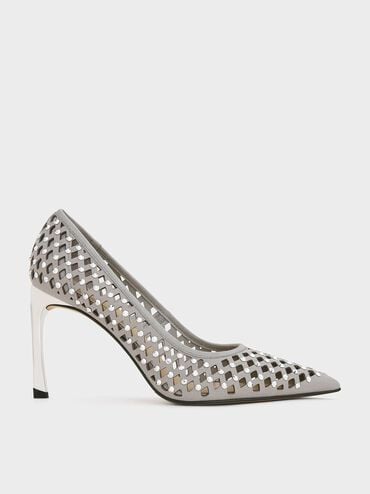 Studded Cut-Out Pointed-Toe Pumps, Light Grey, hi-res