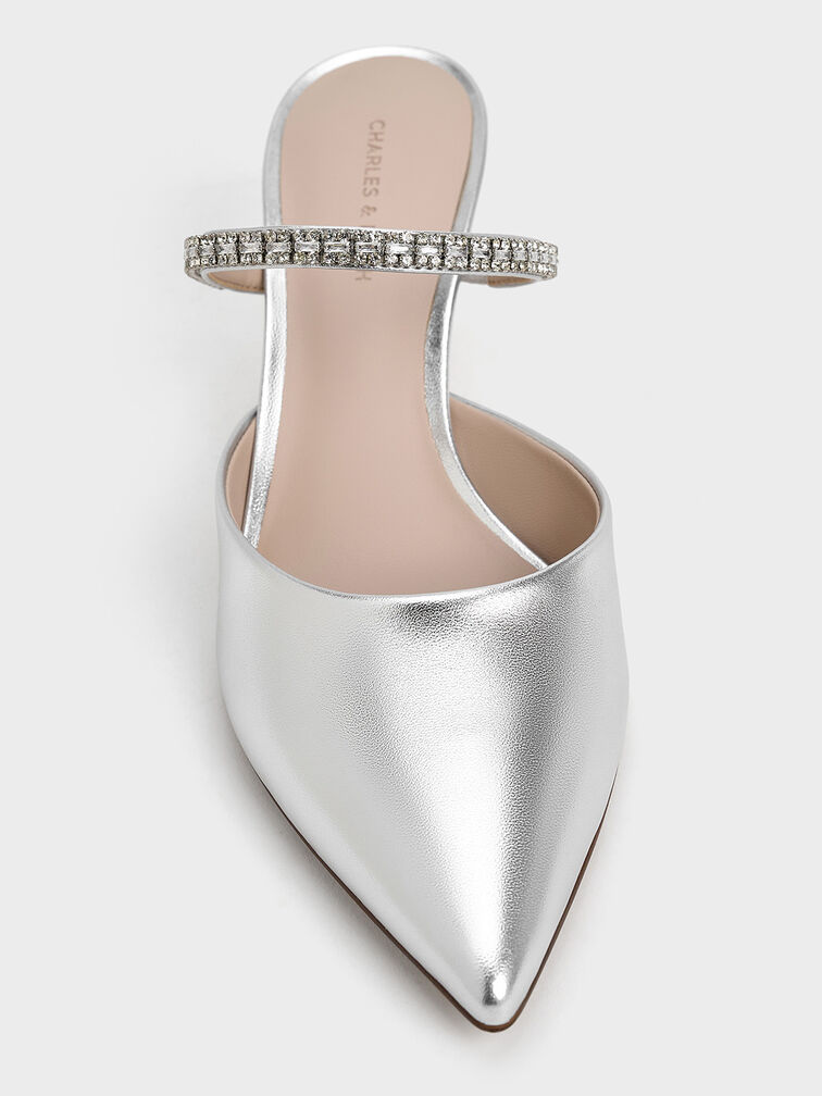 Ambrosia Metallic Gem-Embellished Pointed-Toe Mules, Silver, hi-res