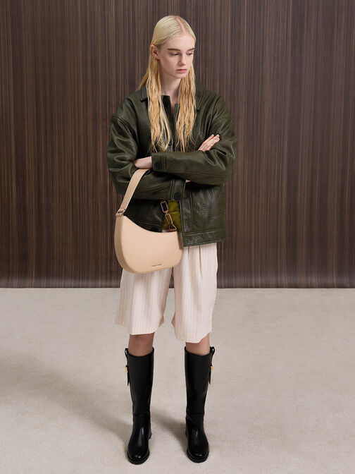 Agatha Chain-Accent Shoulder Bag, Beige, hi-res