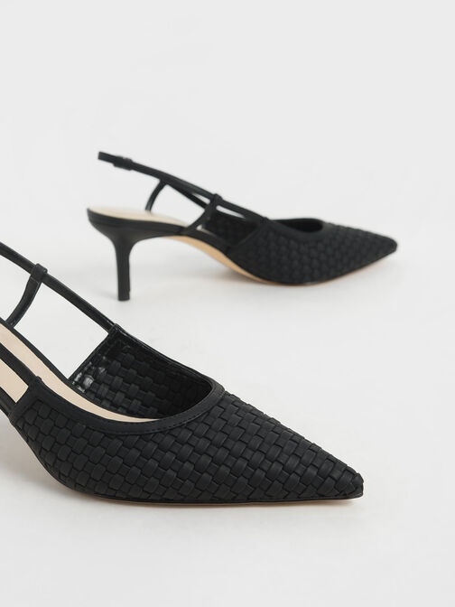 Woven Slingback Pumps, Black, hi-res