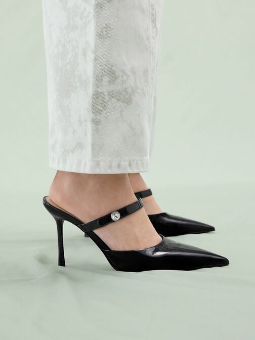 صندل مولز بكعب ستيليتو مزين بكريستال لامع, أسود براق, hi-res