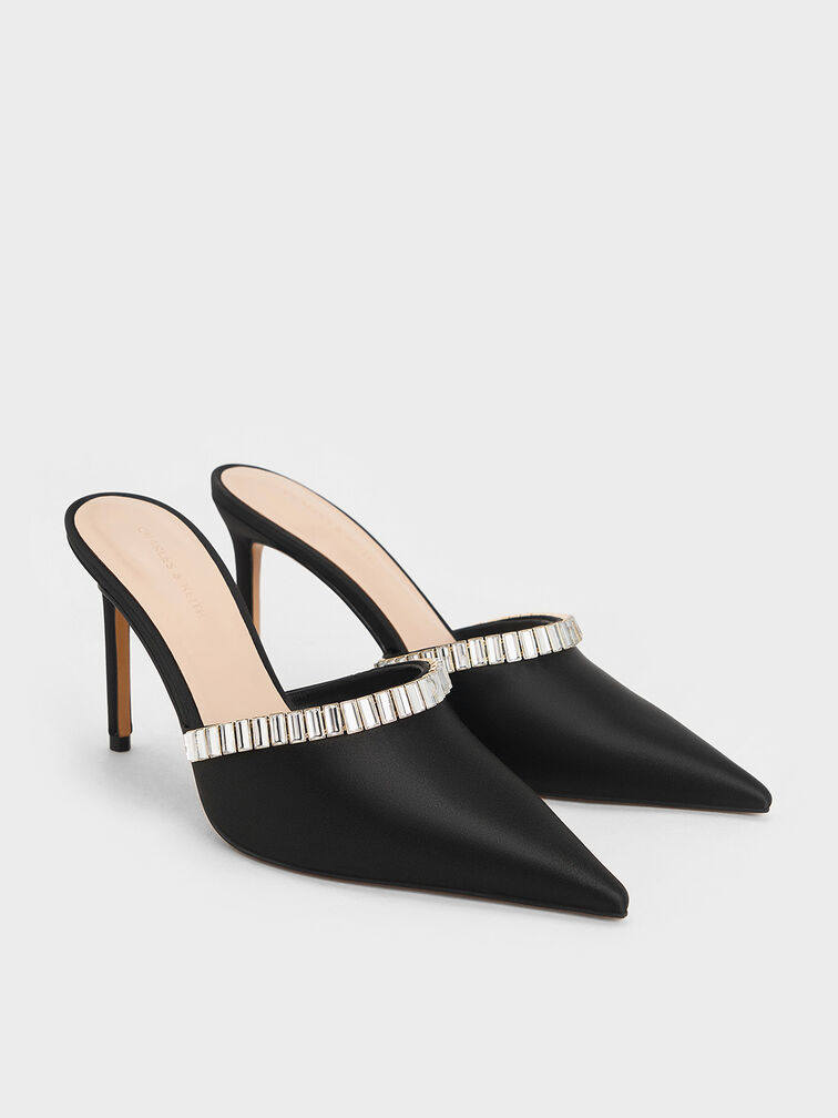 Satin Crystal-Embellished Pointed-Toe Heeled Mules, Black Textured, hi-res