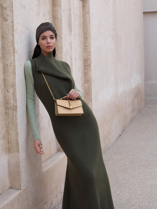 Taisia Satin Chain-Strap Envelope Bag, Champagne, hi-res