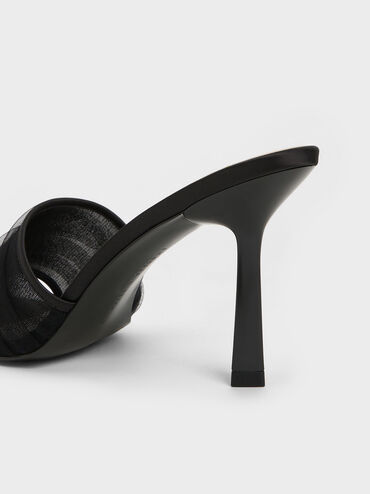 Recycled Polyester & Chiffon Ruched Heeled Mules, Black Textured, hi-res