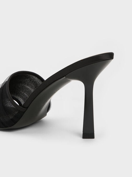 Recycled Polyester & Chiffon Ruched Heeled Mules, Black Textured, hi-res