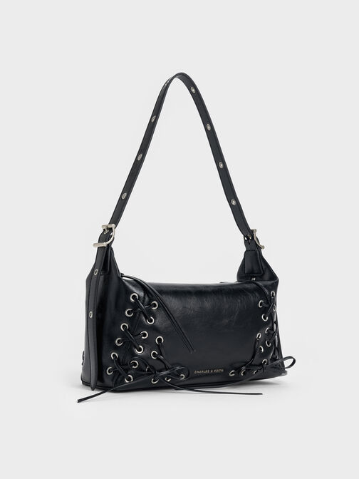 Xylia Grommet Lace-Up Shoulder Bag, Noir, hi-res