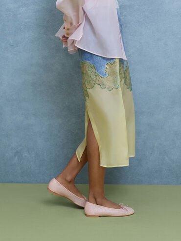 حذاء باليه مسطح بفيونكة من القماش الشبكي اللامع, وردي, hi-res