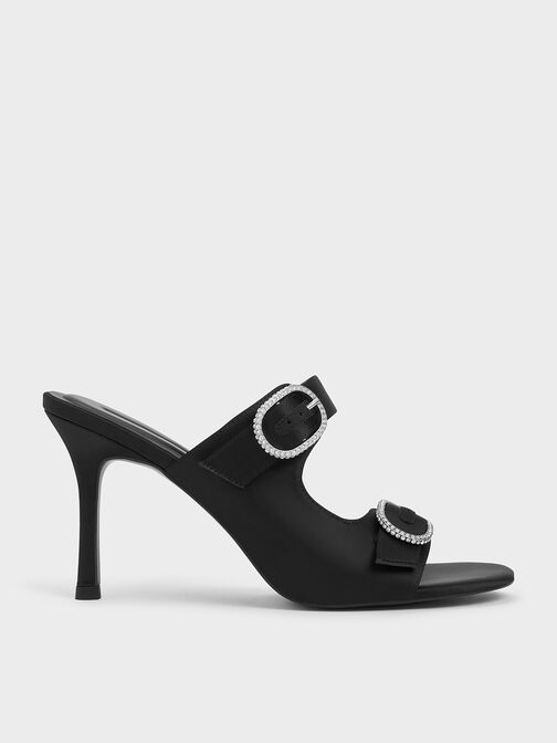 Recycled Polyester Crystal-Buckle Heeled Mules, Black Textured, hi-res