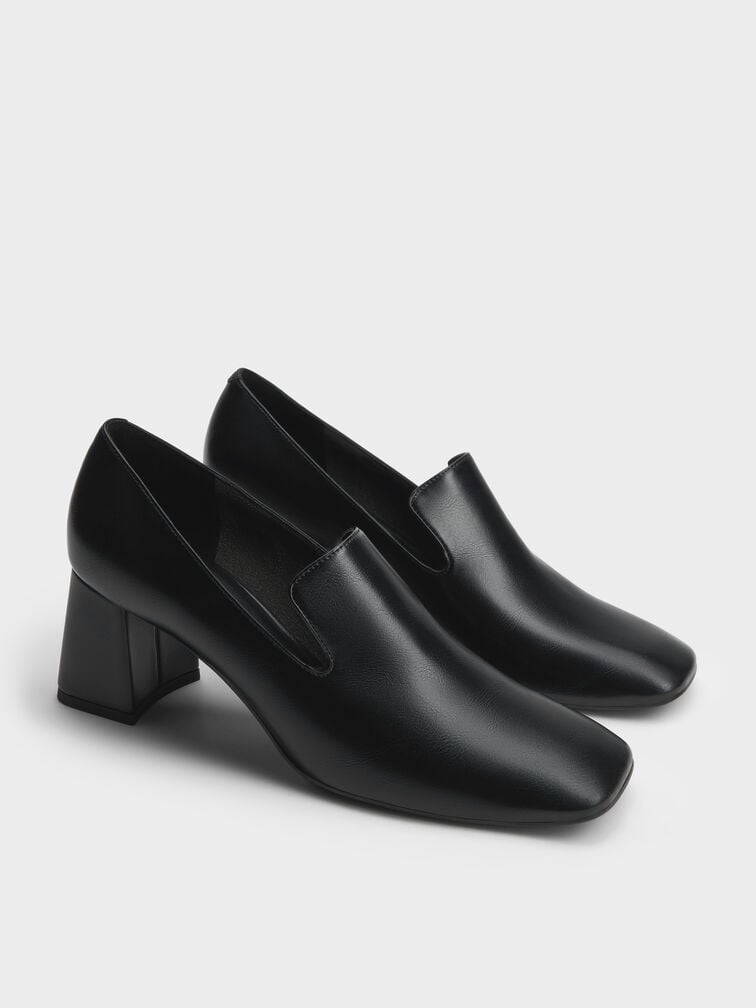 Square-Toe Block-Heel Loafer Pumps, Black, hi-res