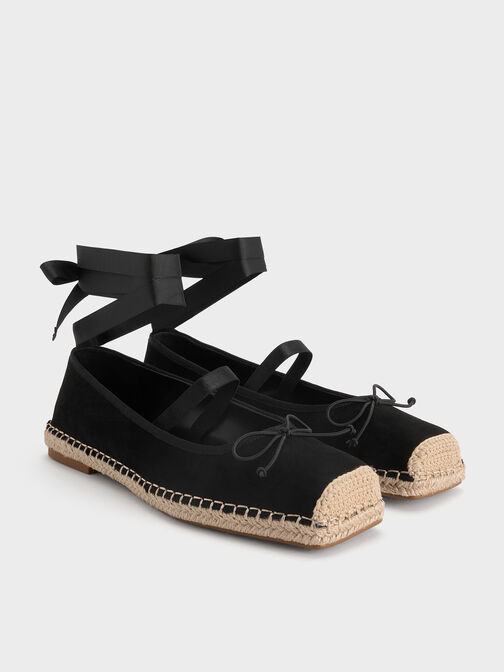 Bernadine Faux Suede Tie-Around Espadrille Flats, Black Textured, hi-res