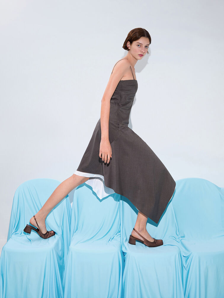 Sadira Satin Bow Square-Toe Slingback Pumps, Dark Brown, hi-res