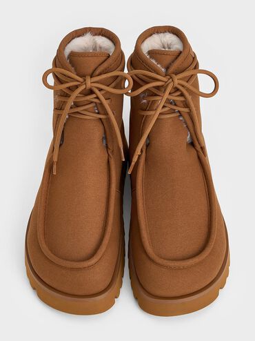 Textured Fur-Lined Ridged-Sole Ankle Boots, Brown, hi-res