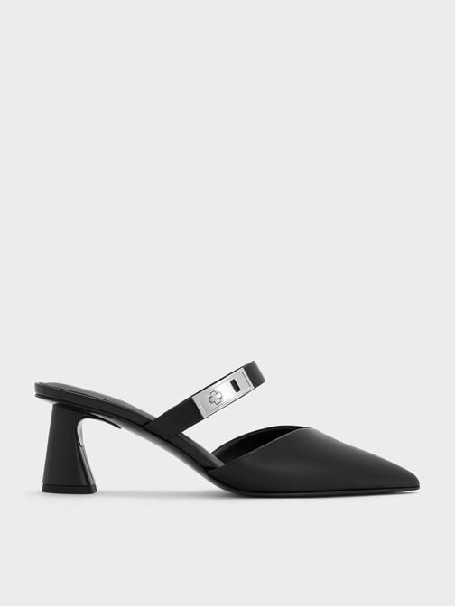 Lando Pointed-Toe Metallic-Buckle Heeled Mules, Black, hi-res