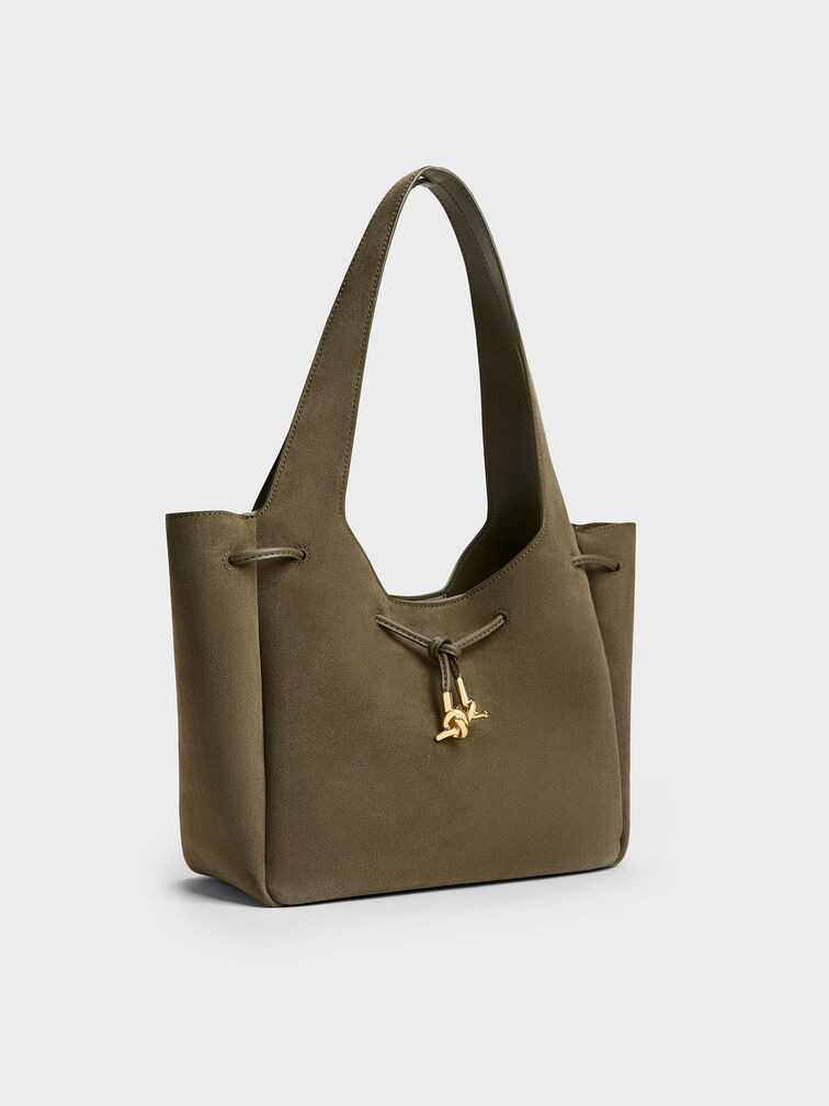 Mila Recycled Suede Metallic-Knot Drawstring Tote Bag, Deep Olive, hi-res