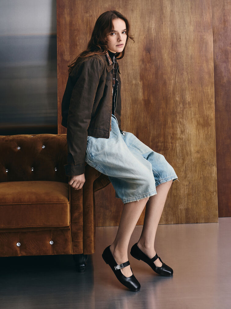 حذاء ماري جين فلات لاندو بمشبك, أسود, hi-res