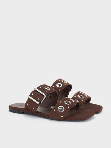 Faux Suede Grommet Buckled Slides, Dark Brown Textured, hi-res